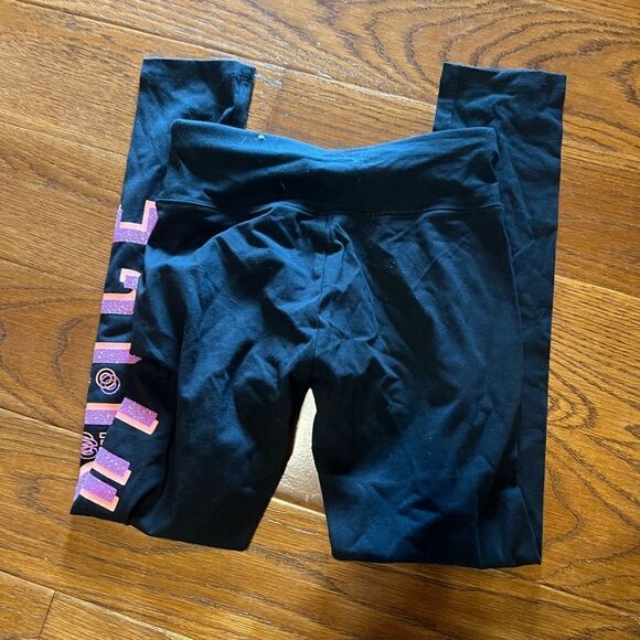 Justice (NWT) black leggings with purple & orange glitter letters size L 10/12 - Picture 6 of 8